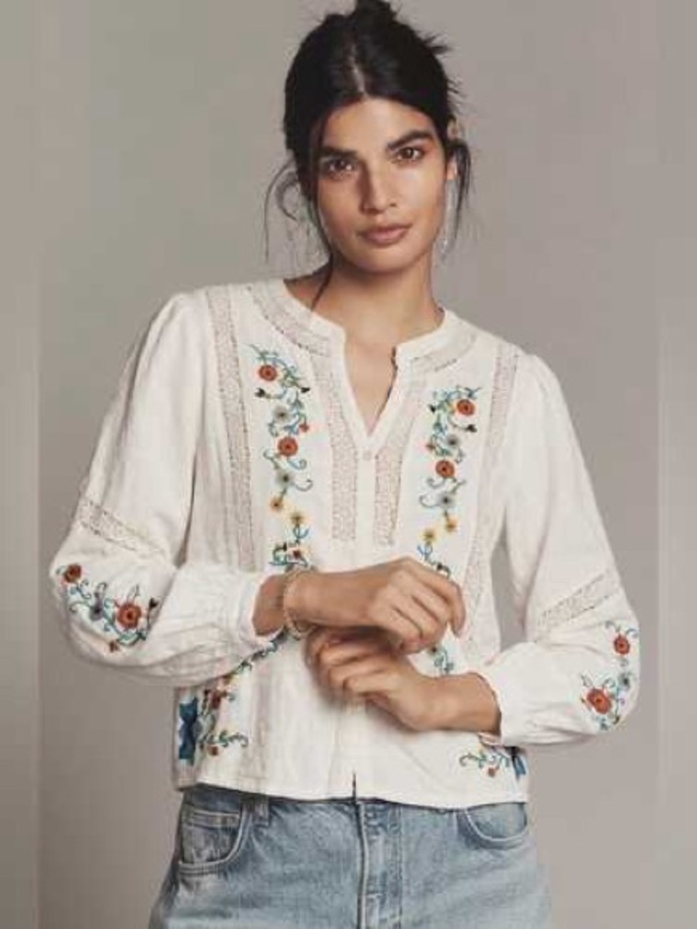 JENNIFER & GRACE Off White Cross stitch embroidery Long Sleeve Blouse Shirt S
